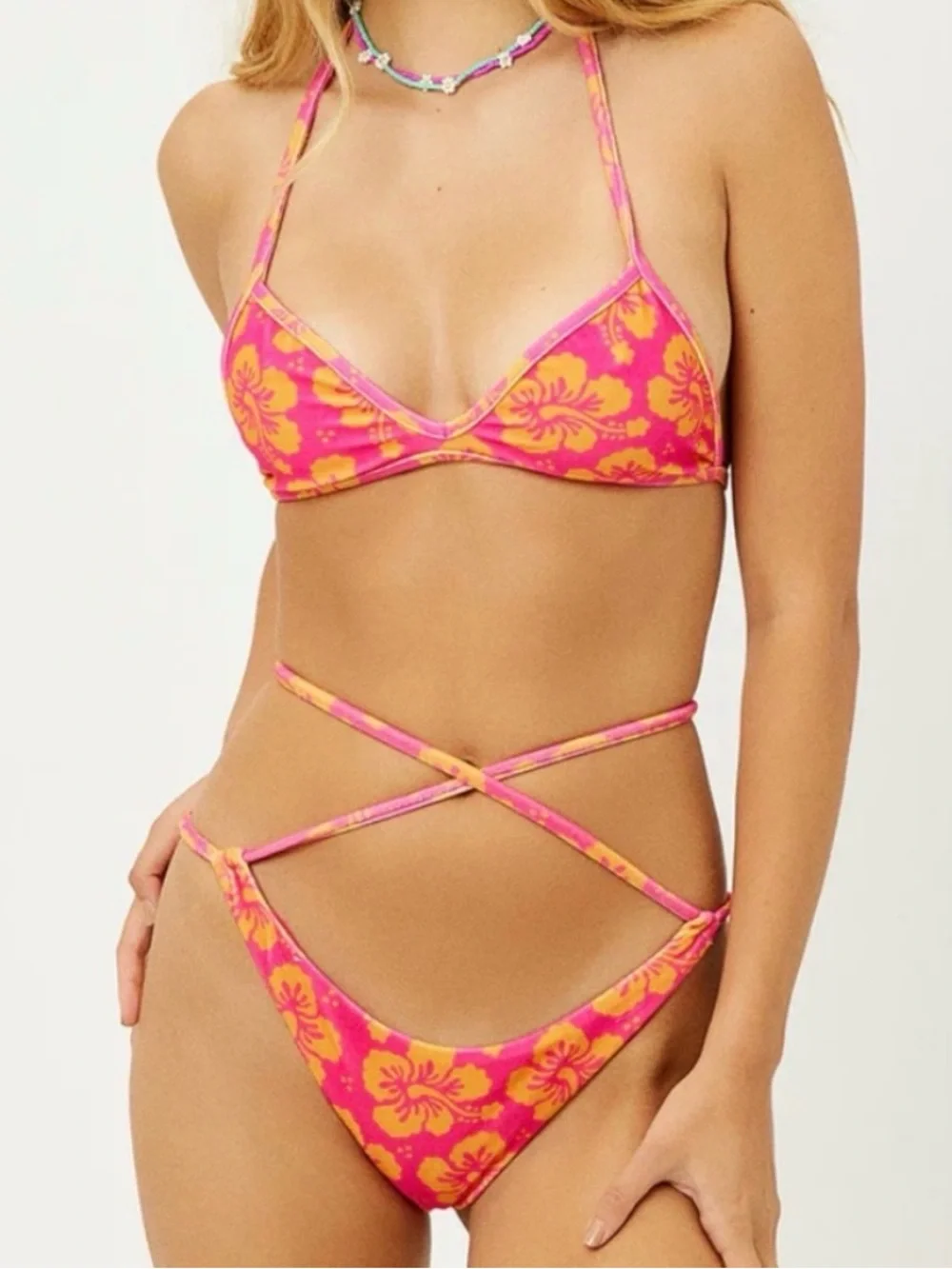 Frankie's Bikinis Boardwalk Terry String Pink & and Orange Floral Bikini